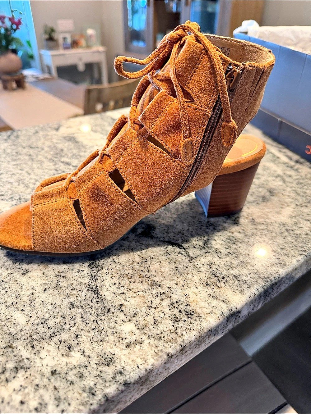 Vionic Harlow Suede Peep-Toe Lace-Up Bootie Brown